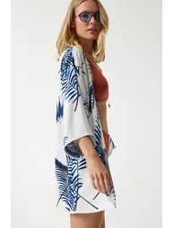 Women's Blue Patterned Guipure Detail Viscose Kimono - 4
