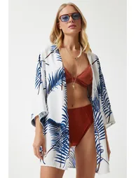 Women's Blue Patterned Guipure Detail Viscose Kimono