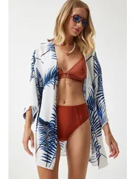 Women's Blue Patterned Guipure Detail Viscose Kimono - 9