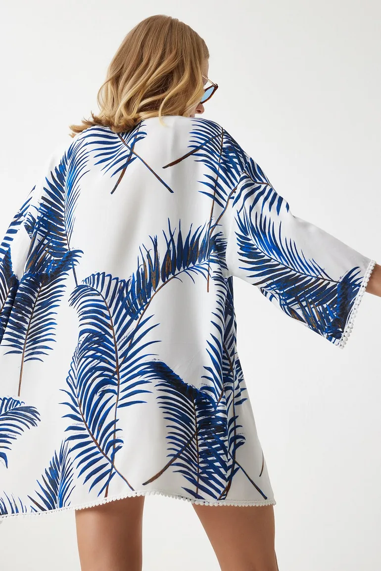 Women's Blue Patterned Guipure Detail Viscose Kimono - 5