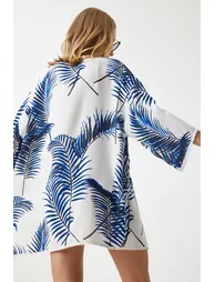 Women's Blue Patterned Guipure Detail Viscose Kimono - 5