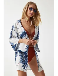 Women's Blue Patterned Guipure Detail Viscose Kimono - 3