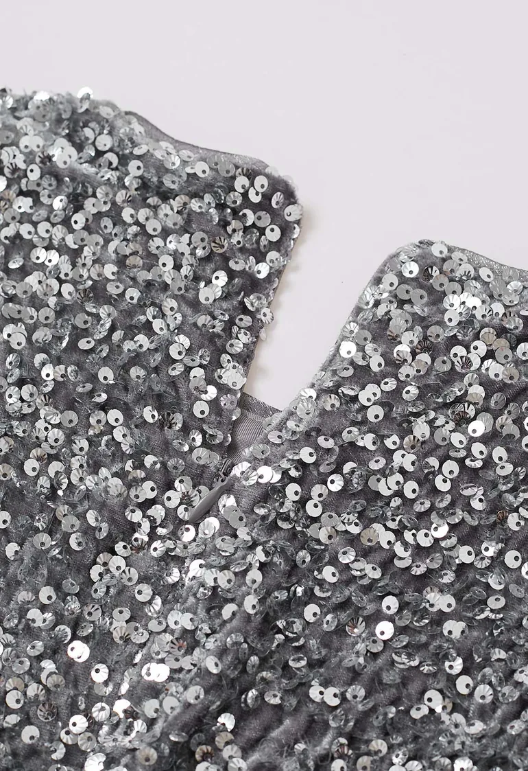 Twinkling Sequins Ruffle Organza Trim Velvet Bodycon Dress - 7