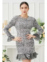 Twinkling Sequins Ruffle Organza Trim Velvet Bodycon Dress