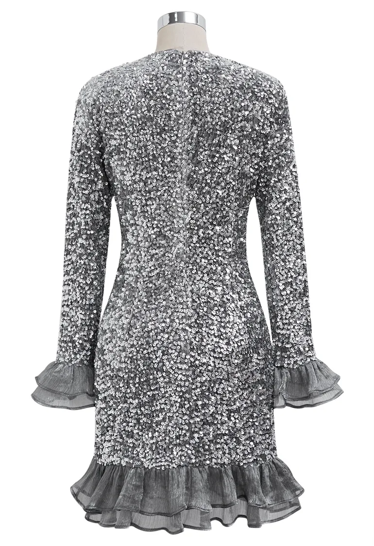 Twinkling Sequins Ruffle Organza Trim Velvet Bodycon Dress - 12