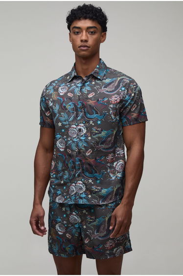 Dragon Print Regular Fit Shirt & Short Set - khaki