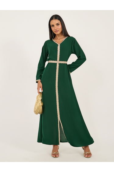 Embroidered Lace Trim V Neck Kaftan
