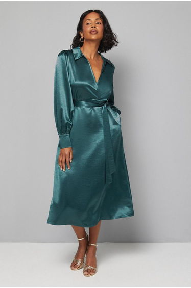 Satin Collared Tie Waist Midi Dress