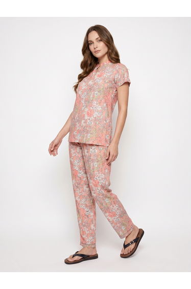 Peach Floral Cotton Top and Pyjama Set