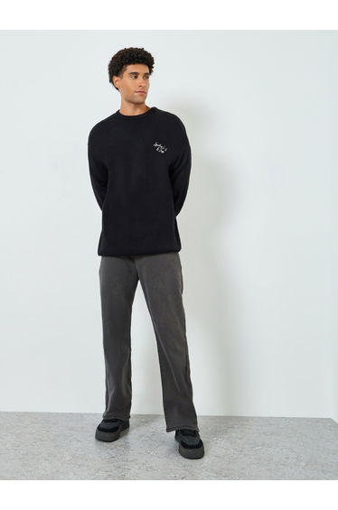 Men Black Embroidered Relaxed Sweater
