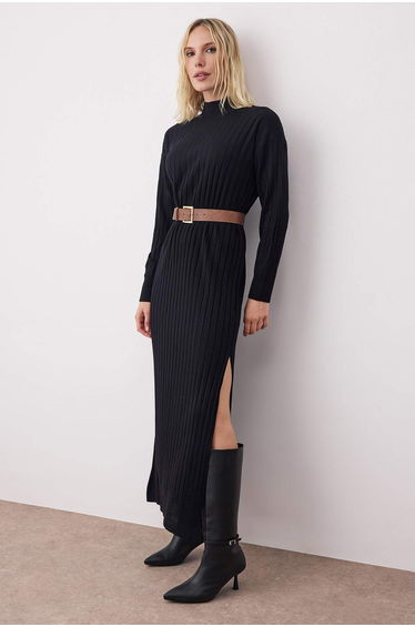 Black Plain Midi Slit Detail Belted Knitwear Long Dress