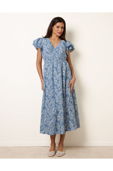 V Neck Flutter Midi Dress
