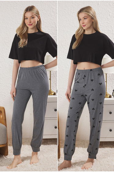 Anthracite-Multi Colourful 2-Pack 100% Cotton Heart Knitted Pajama Bottoms