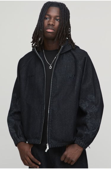 Floral Football Embroidered Denim Hoodie - washed black