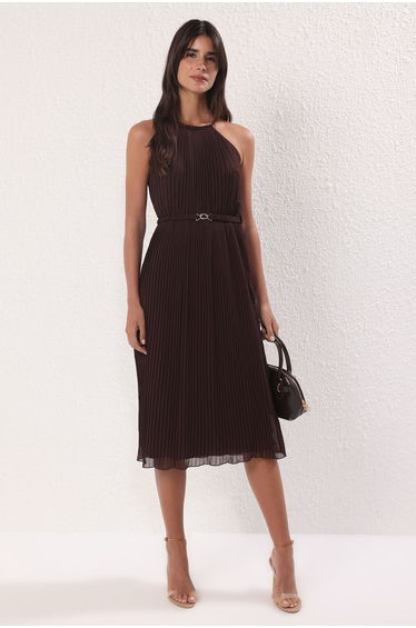 Brown Belted Pleated Chiffon Midi Woven Dress