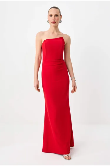 Red Plain Woven Finike Maxi Evening Dress & Homecoming Dress