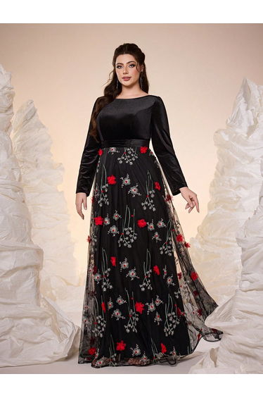 Leely Plus Women's Elegant Round Neck Long Sleeve Party Dress