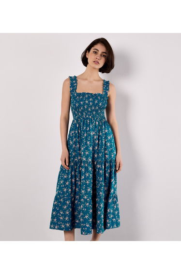 Orchid Print Smocked Midi Dress