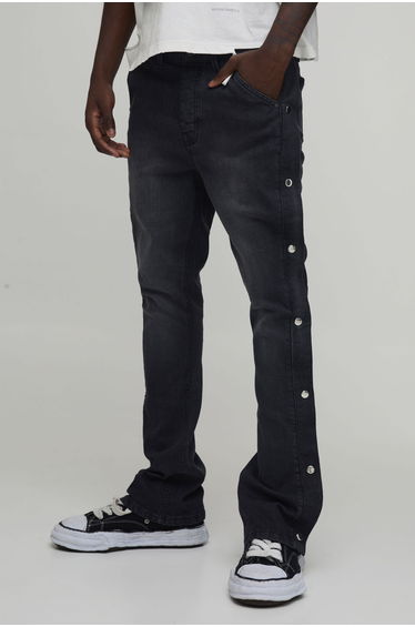 Popper Side Stretch Slim Flared Jeans - charcoal