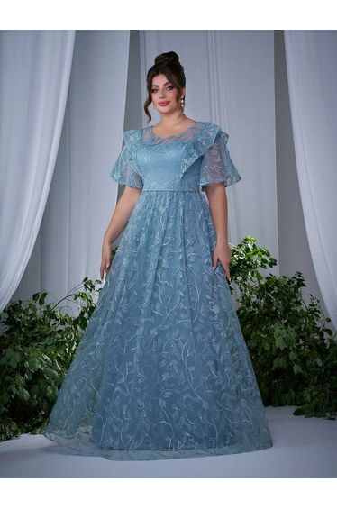Leely Plus Women's Elegant V Neck Flounce Sleeve Party Dresses