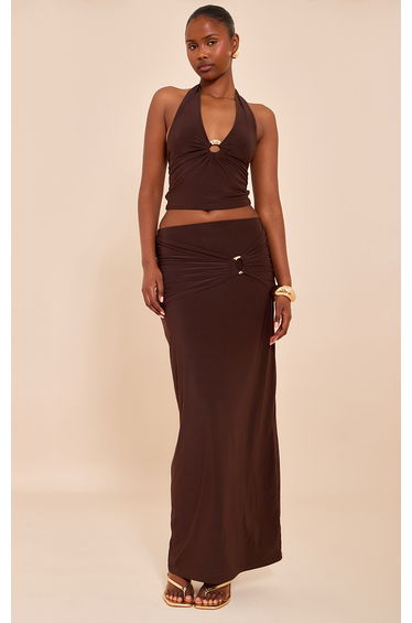 Brown Ruched Detail Flowy Maxi Skirt