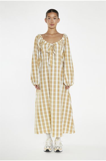 Beige-Cream Check Gathered Tie-Neck Midi-Dress