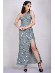 Naeve One Shoulder Sequin Dress in Teal - 3