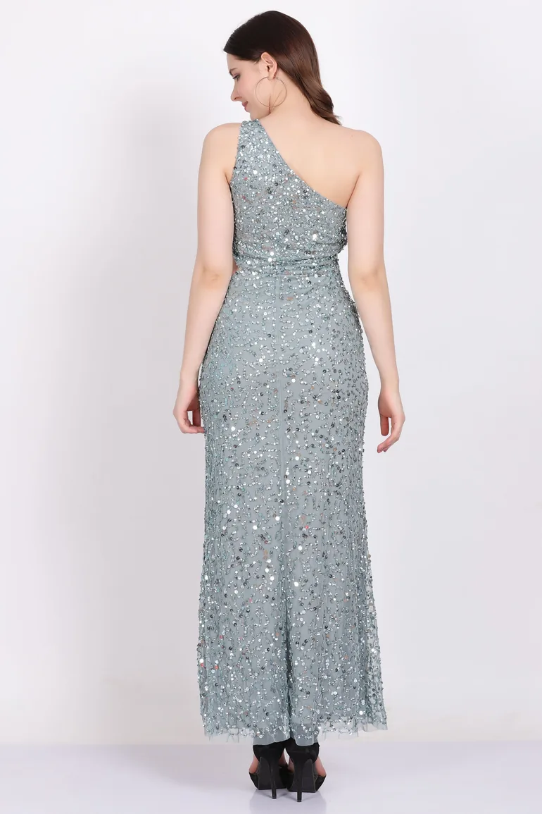 Naeve One Shoulder Sequin Dress in Teal - 5