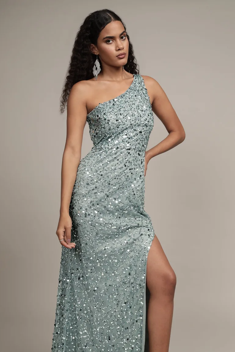 Naeve One Shoulder Sequin Dress in Teal - 7