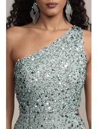Naeve One Shoulder Sequin Dress in Teal - 13