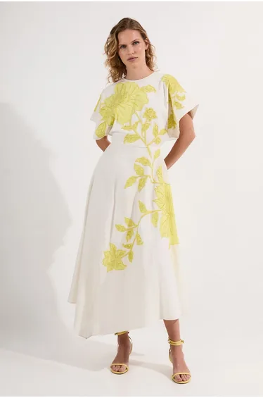 Petite Applique And Beaded Linen Woven Midi Dress With Tie Back Detail