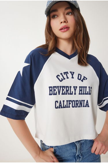 Women's Navy Blue White Slogan Cotton Knitted T-Shirt