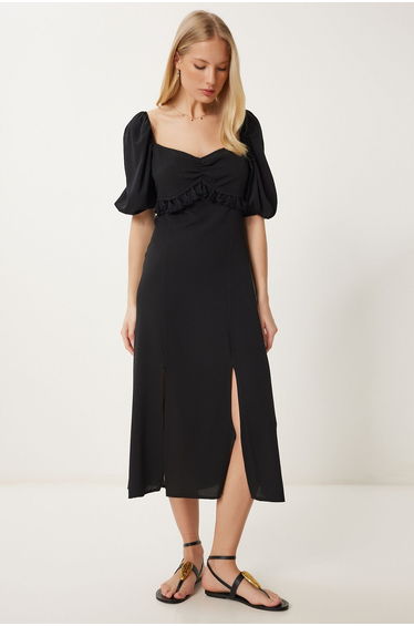 Women's Black Tasseled Crinkle Knitted Dress
