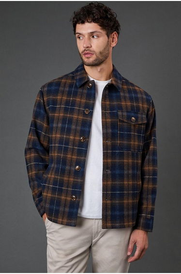 Navy Check Wool Look Short Jacket