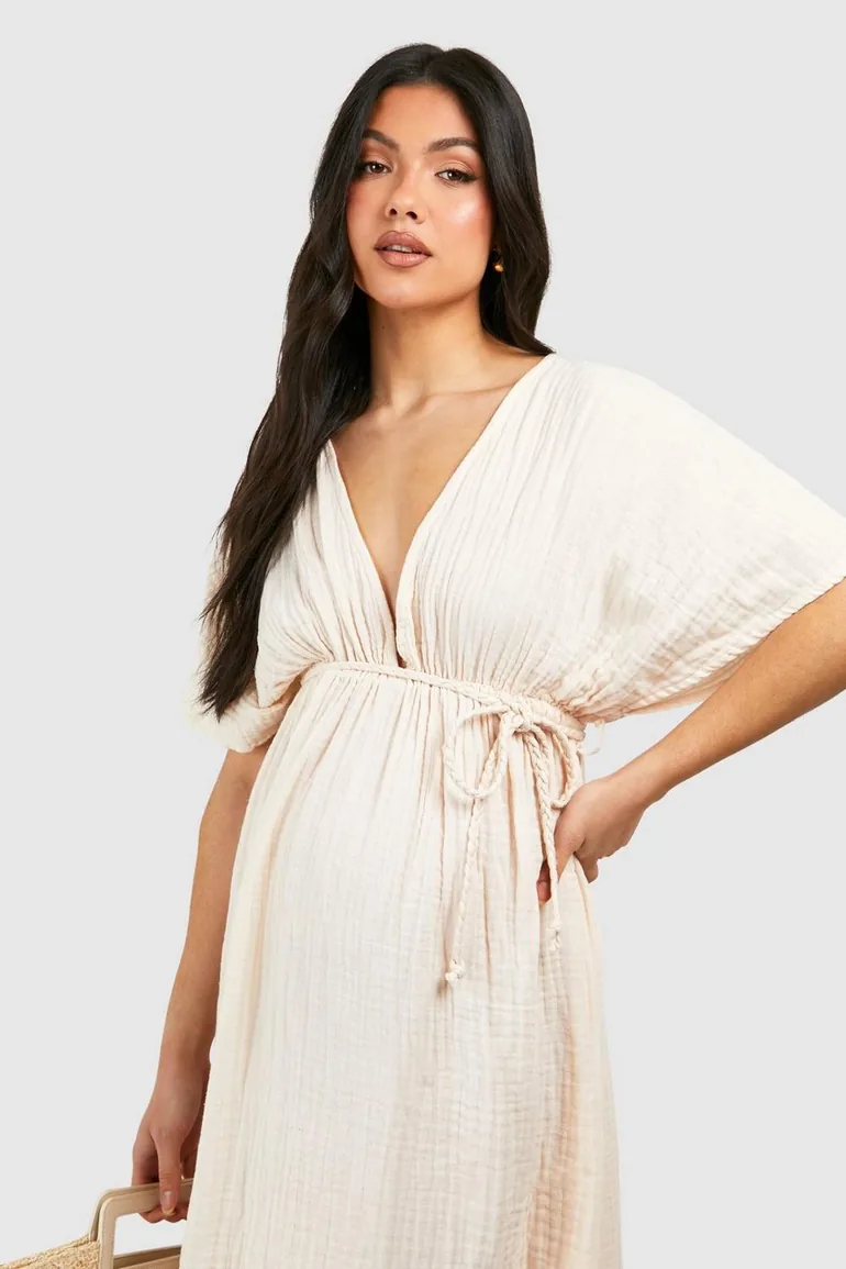 Maternity Cheesecloth Belted Maxi Beach Dress - stone Boohoo : Swimsuits & Coverups : VogaCloset Oman Maternity Cheesecloth Belted Maxi Beach Dress - stone Boohoo : Swimsuits & Coverups : VogaCloset Oman