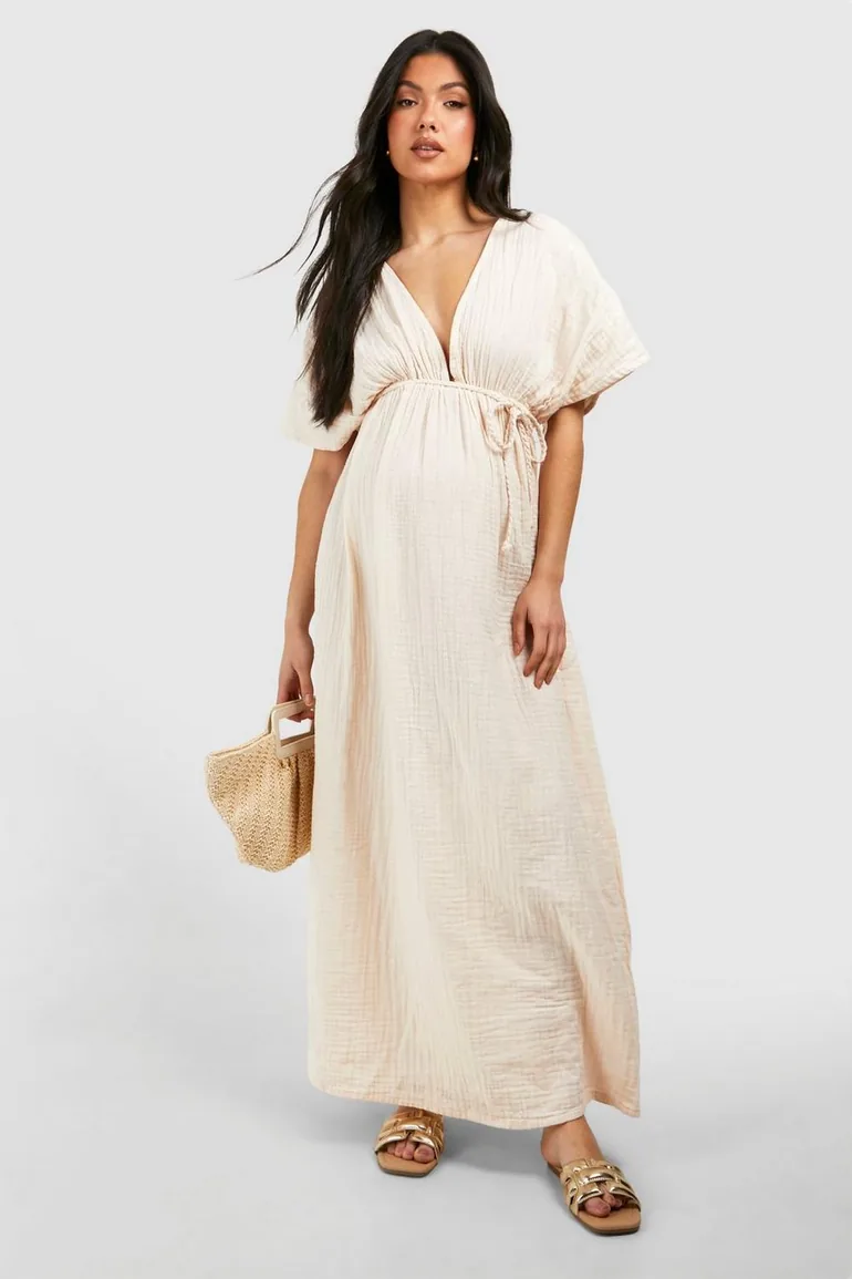 Maternity Cheesecloth Belted Maxi Beach Dress - stone Boohoo : Swimsuits &  Coverups : VogaCloset Oman