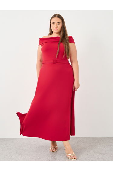 Plus Red Off Shoulder Maxi Dress with Belt