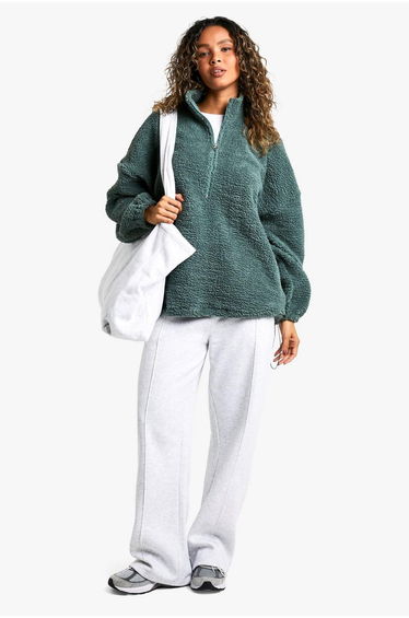 Nylon Detail Half Zip Oversized Borg Sweatshirt