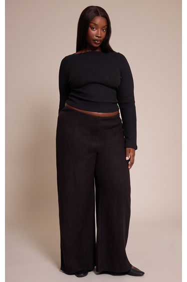 Plus Black Soft Touch Rib Boat Neck Long Sleeve Top