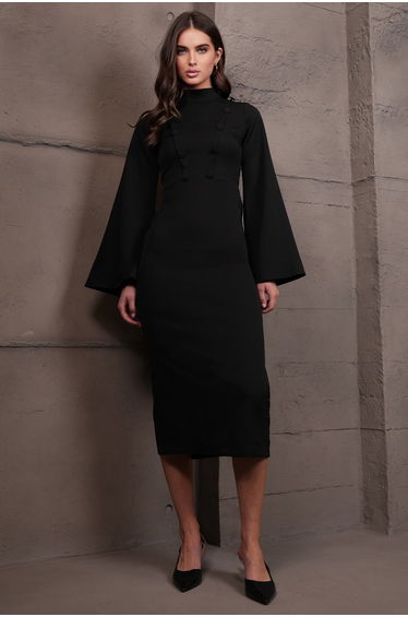 Women's Black Judge Collar Slit Maxi Length Dress