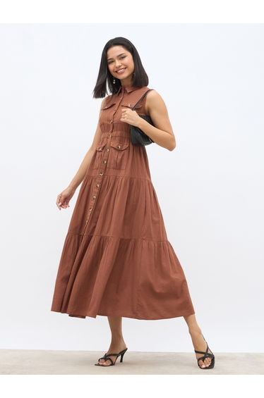 Solid Sleeveless Tiered Maxi Dress with Button Front