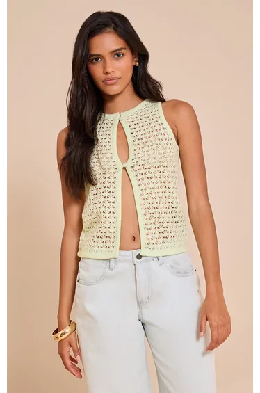 Lime Crochet Knit Cut Out Pearled Button Waistcoat Top