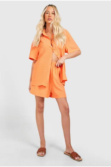 Tall Woven Textured Shirt & Short Set - orange