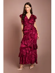 V Neck Satin Jacquard Ruffle Midi Dress - 1