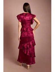 V Neck Satin Jacquard Ruffle Midi Dress - 3