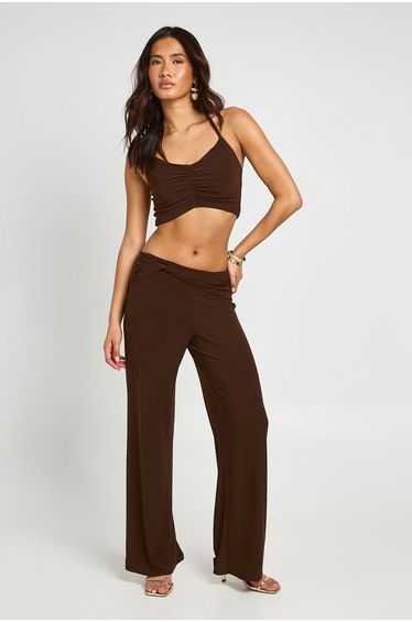 Double Layer Ruched Halterneck Cropped Top - chocolate
