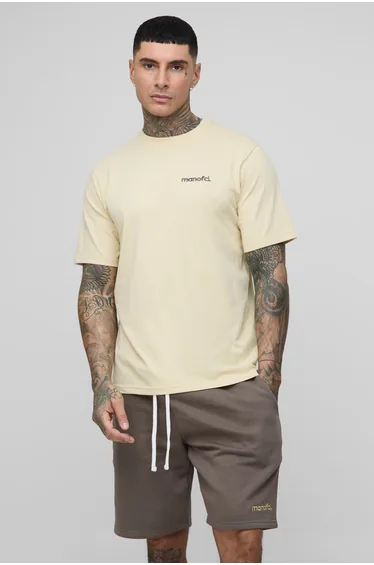 Tall Regular Man OFCL Embroidered T-Shirt & Relaxed Jersey Short Set - charcoal