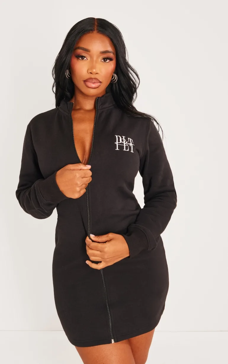 Shape Black Embroidered Zip Through Jumper Dress