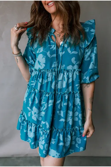 Lvness Blue Flower Half Sleeve Tiered Ruffled Mini Dress