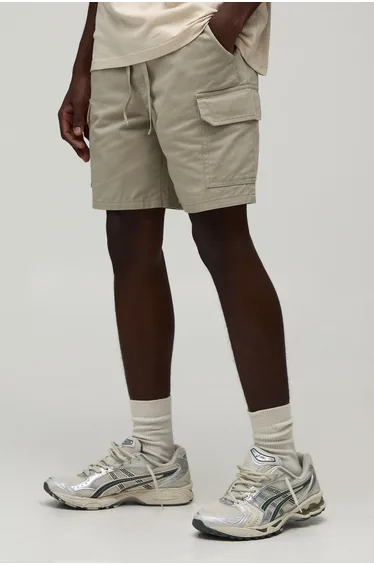 Slim Fit Elasticated Mid Length Twill Cargo Shorts - stone